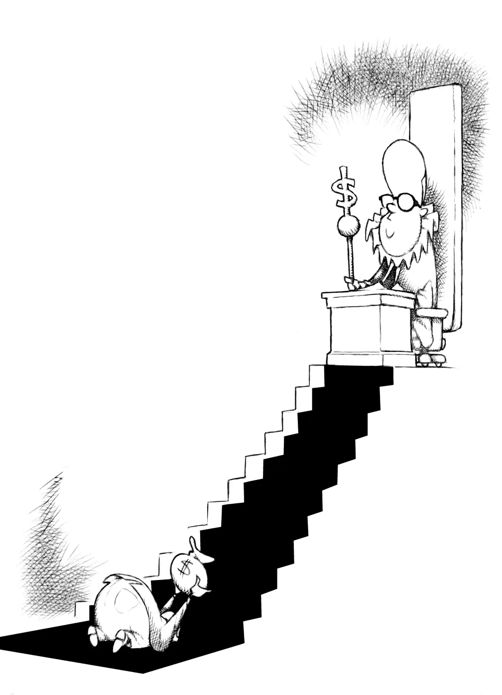 Cartoon titled "Moneybags," showing a man lying prostrate before a broker, offering him a bagful of money.