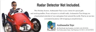 Horizontal newspaper advertisement featuring boy sitting in red toy sports car, with headline "Radar Detector Not Included."