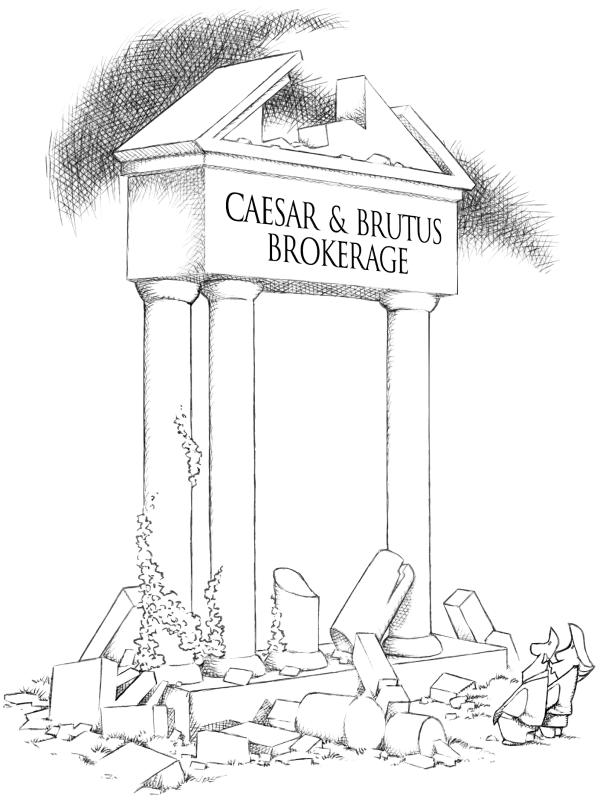 Cartoon of middle-aged couple standing at base of ancient ruins as they stare up at a sign reading 'Caesar & Brutus Brokerage.'