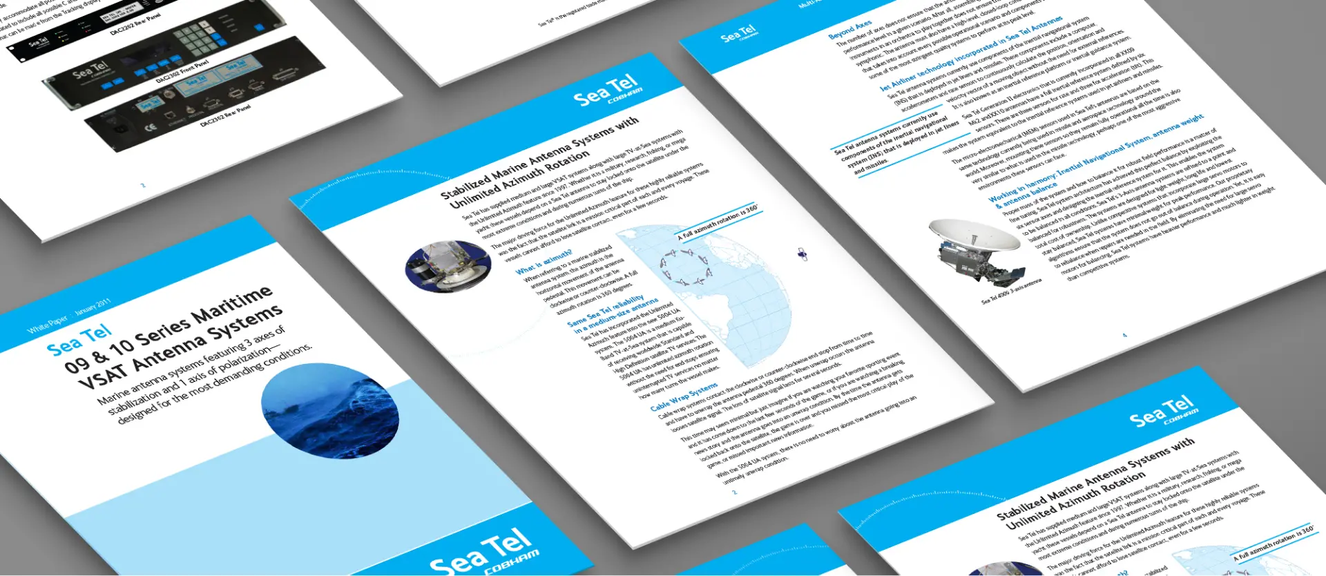 Display of multiple white papers design by Tungsten advertising agency for Cobham